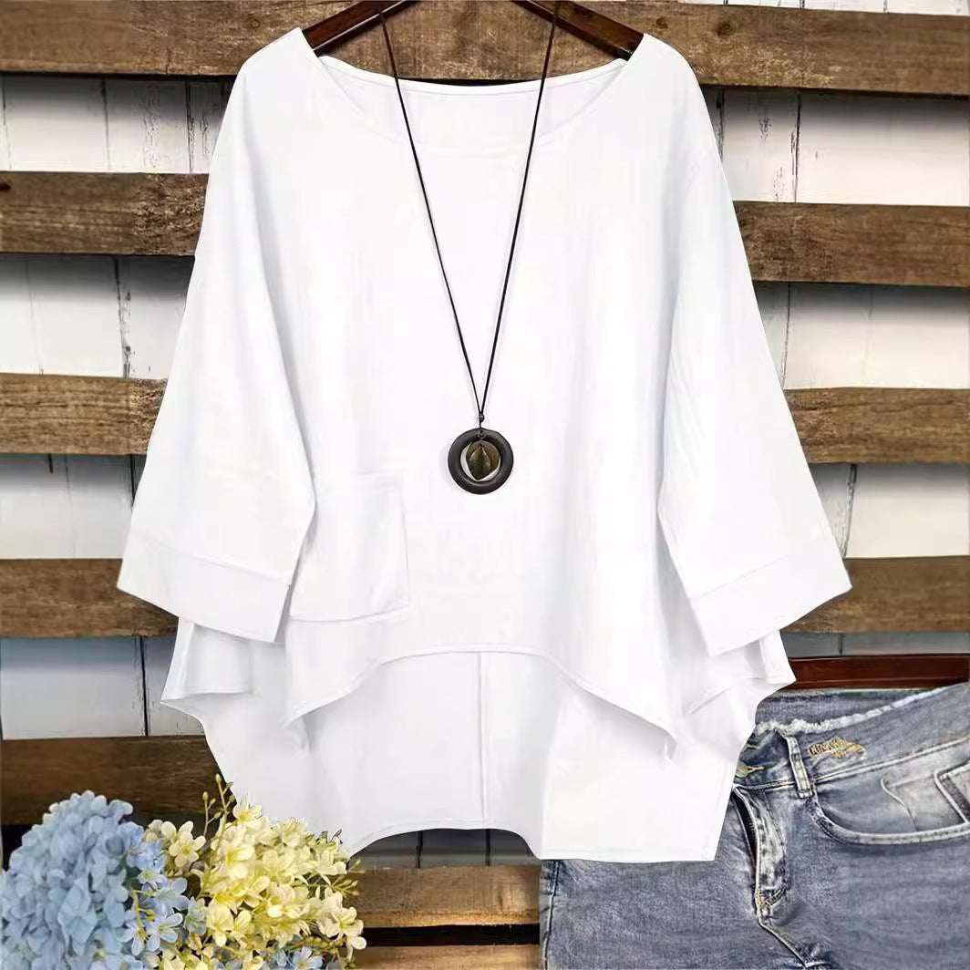 Summer Fashion Plus Size Round Neck Pocket Solid Color Irregular Blouse