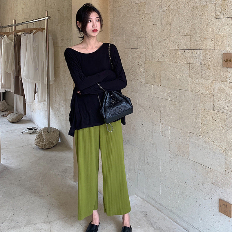 Pregnant Women Belly Pleated High Waist Wide Leg Pants Cropped Pants Straight Pants
