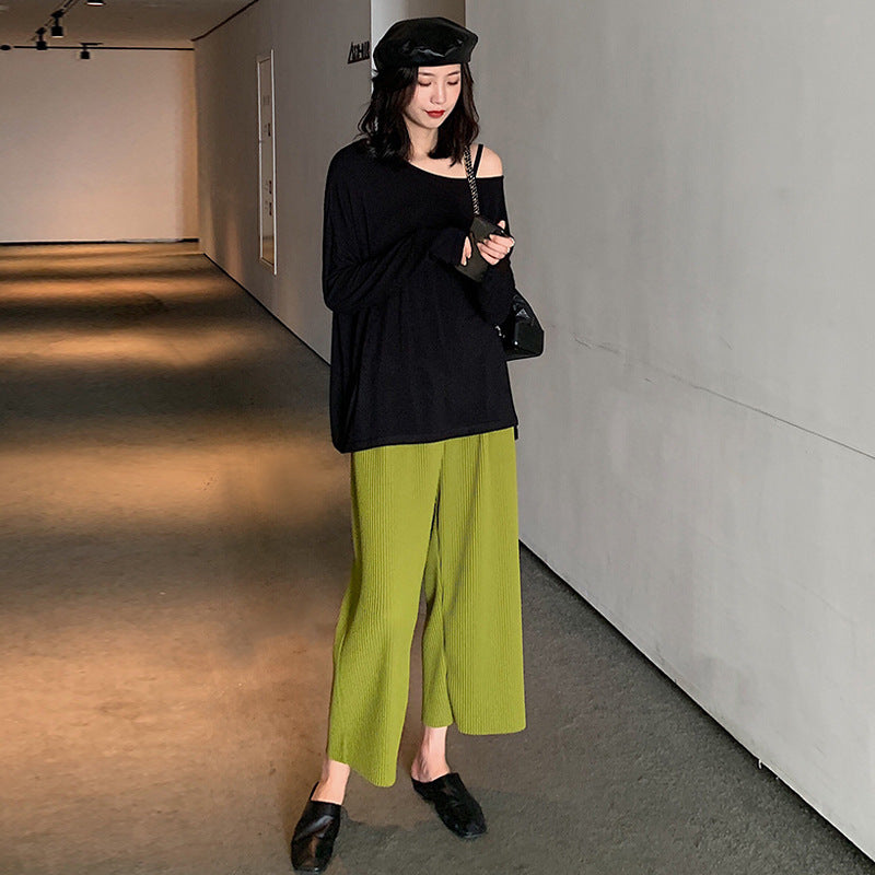 Pregnant Women Belly Pleated High Waist Wide Leg Pants Cropped Pants Straight Pants
