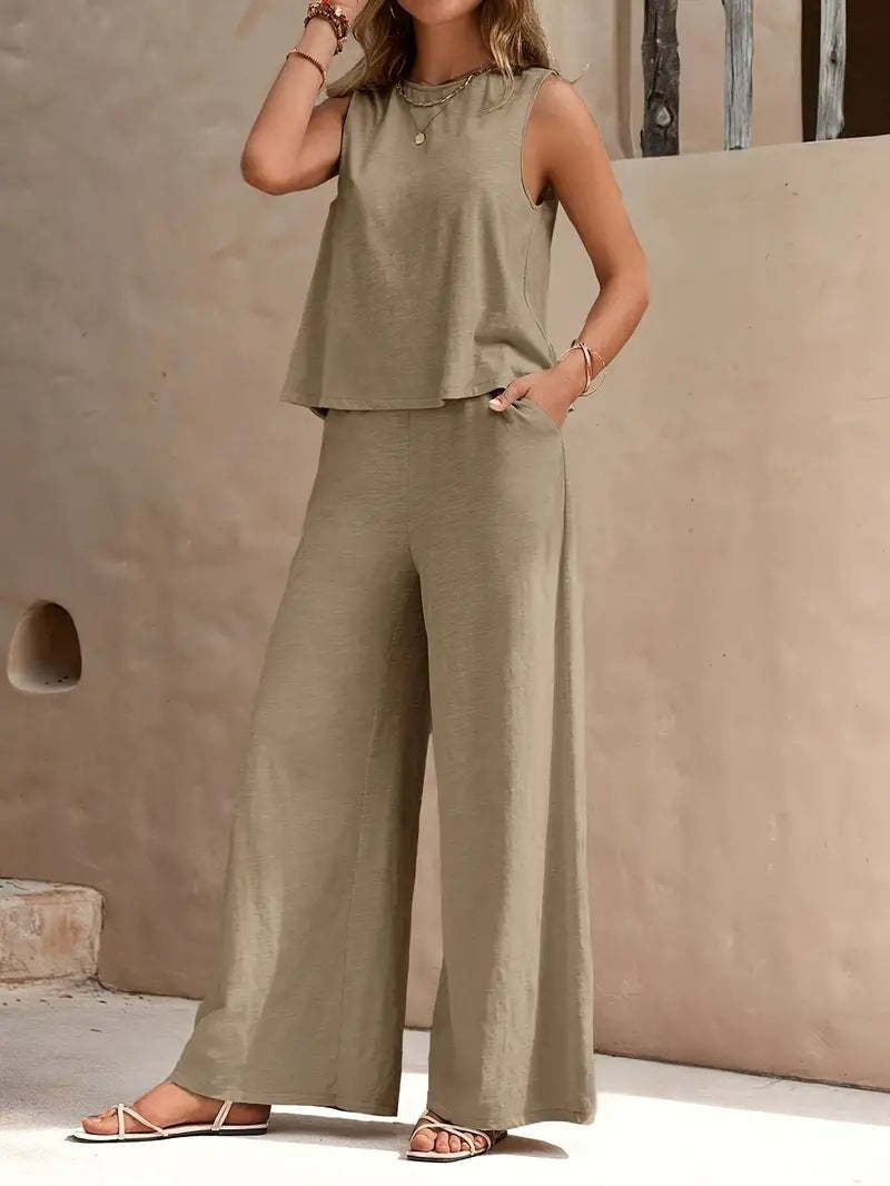 Solid Color Casual Loose Pants Sets For Women Elegant Spring Summer Women's Two Pieces Suit Full Trouser Set Female Outfit Clothes