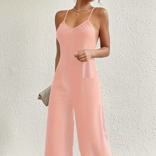 Ladies' Solid Color Chest Pleated Design Cross Suspender Sexy Jumpsuit
